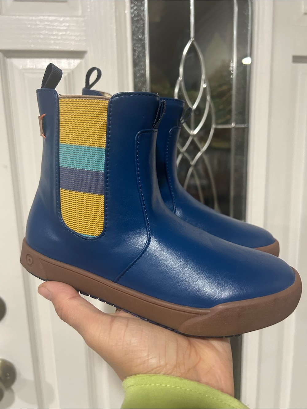 pediped Navy Chelsea Rain Boots with Yellow & Teal Striped Panels